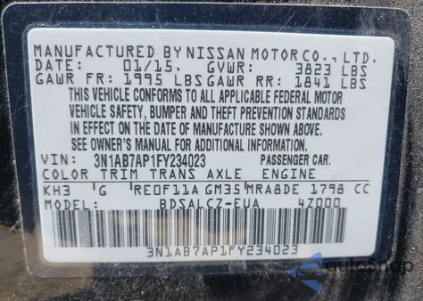 2015 Nissan Sentra S из США, поврежденный, VIN 3N1AB7AP1FY234023